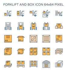 Forklift vector icon. May called fork or lift truck. Include stack of wood crate, cardboard box on pallet for industry i.e. storage, distribution warehouse. Also freight transport, logistic, shipping.