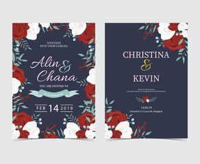 Wedding invitation card with flower,rose,leaf,ribbon,wreath and frame on navy background