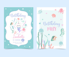 Hand drawn cute card with mermaid,caticorn,squid,coral and sea horse