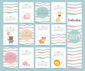 Obraz premium Cute monthly calendar 2019 with bear,cat,giraffe,hippopotamus,lion,whale and balloon.Can be used for web,banner,poster,label and printable
