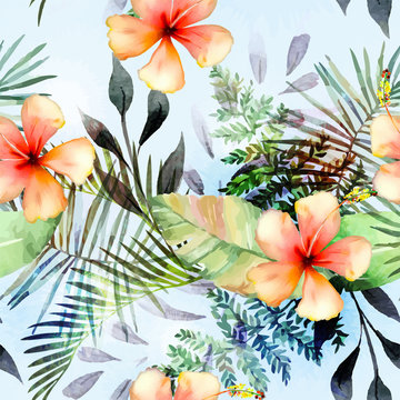 Tropical plants flowers seamless pattern