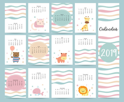 Cute monthly calendar 2019 with bear,cat,giraffe,hippopotamus,lion,whale and balloon.Can be used for web,banner,poster,label and printable