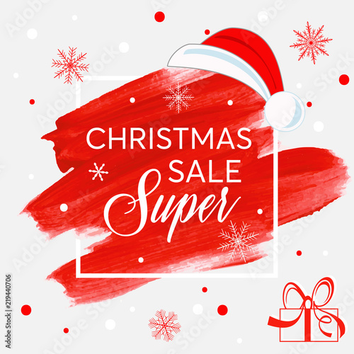Christmas Super Sale Sign Over Holiday Abstract Brush Painted