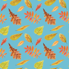 Obraz premium Colorful seamless pattern with watercolor autumn maple leaves on white background.