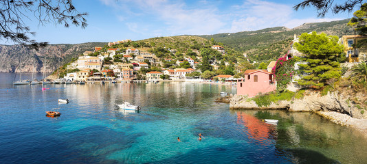 Assos beach on the Island of Kefalonia in Greecevillage, architecture, asos, bay, beach, blue,...