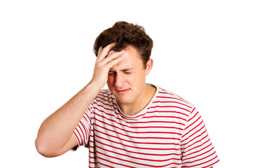 Naklejka premium desperate crying man with hand in hair. emotional man isolated on white background