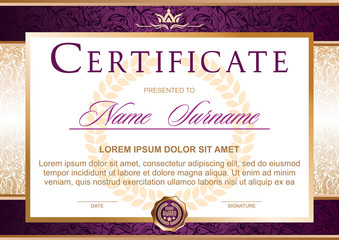 Certificate in the official, solemn, elegant, Royal style in violet, purple and gold tones, with the image of the crown(horizontal format)