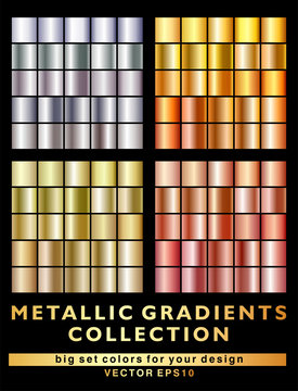 Gold, silver, bronze gradient metallic gradient background collection. Big vector set