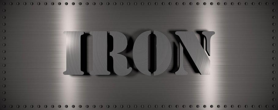 Brushed steel plate with rivets around it and the word "IRON" , useful for many applications