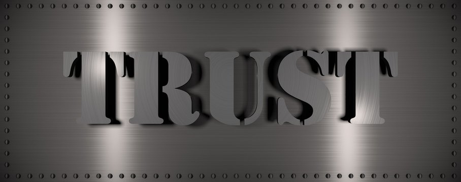 Brushed steel plate with rivets around it and the word "TRUST" , useful for many applications