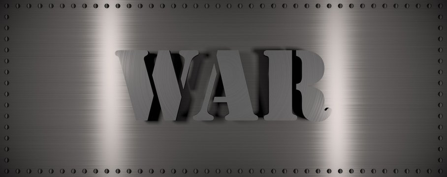 Brushed steel plate with rivets around it and the word "WAR" , useful for many applications