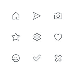 Open outline icon set - home, paper airplane, photo camera, star, gear wheel, heart, smile face, check mark and cross symbol. Internet, website and social network vector signs.