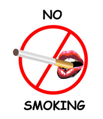  No smoking sign with Sexy biting red lips. Abstract lipstick in the open mouth with cigarette. Vector-  illustration icon