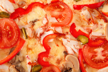 Pizza with pastrami, mushrooms, pepper and cucumber isolated on white
