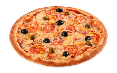Pizza Vegetarian with tomatoes, corn, onion, green and black olives isolated on white, closeup