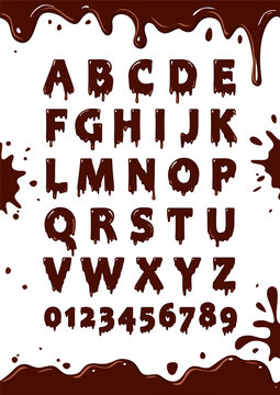 Font of chocolate glaze. Sweet alphabet. Letters and numbers vector poster