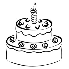 Sweet cake with decoration and burning candle