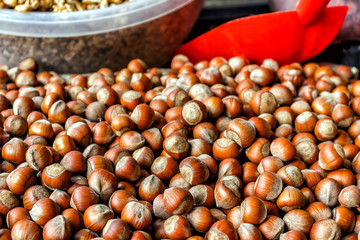 Nut background of hazelnut fruits. Food background. Top view of hazelnut nuts.
