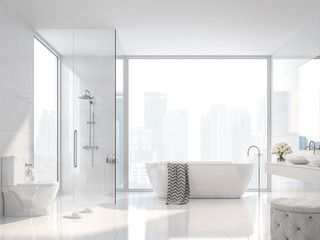 Modern white bathroom with city view 3d render. There are white tile wall and floor.The room has large windows.Sunlight shines into the room. © onzon