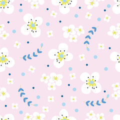 Seamless pattern of white cherry flowers on light pink background,