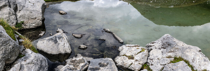 Photo de paysage panoraminque de haute montagne et de chemins de randonnée dans les alpes
