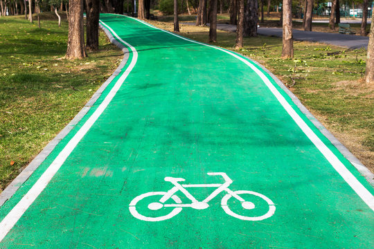 Empty Green Cycle Track With Bike Lane Sign In Park