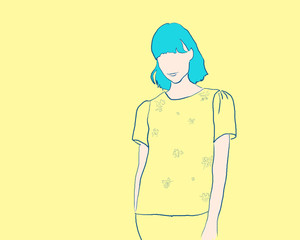Błękitna włosiana dziewczyna na żółtym tle - 219455728