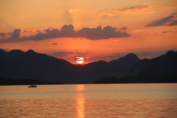 sunset on a mountain lake