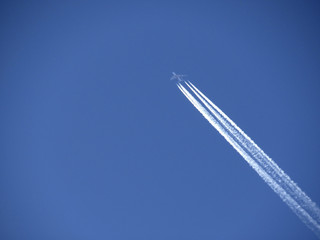 flying airplane on clean blue sky