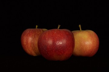 Single or group of apples including granny smith, golden delicious and royal gala on a black background.