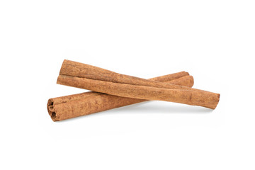 two cinnamon sticks isolated on white background