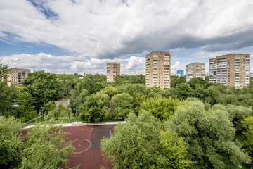Fototapeta premium Streets and residential buildings in Moscow from a height view from above panorama 
