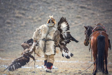 Western Mongolia, Golden Eagle Festival. The Mongolian Nomad Bears Two Golden Eagles In His Hands After The 
