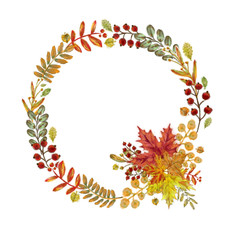 Autumn Maple Leaves, Twigs and Berries Wreath Isolated on White. Watercolor Botanical Arrangement for Print, Card, Invitation, Announcement, Poster, Display and other Creative Design.