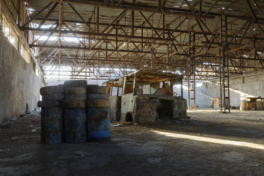 Abandoned factory hangar, where games are held in paintball
