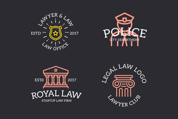 Set of retro vintage judge, cop, sheriff star badge, column logo or insignia, emblems, labels and badges and other branding objects. Vector line style