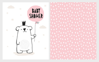 Cute Hand Drawn Baby Shower Vector Illustrations Set. White Bear With Pink Balloon. White Background. Beige Stars and Clouds. Irregular White Rhombuses on a Pink Background. Delicate Infantile Design.