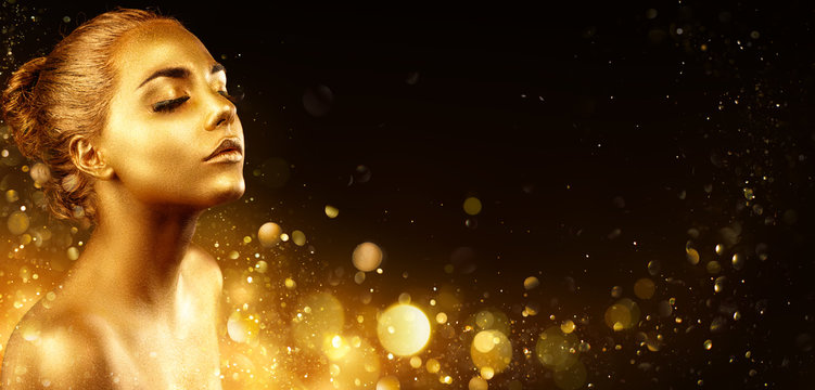 Golden Makeup - Fashion Model Portrait With Gold Skin And Glittering In Shiny Background
