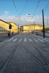 Fototapeta na wymiar Florence,Italy-July 27,2018: Tramway just after the sunrise in Florence, Italy