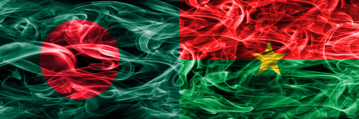 Bangladesh vs Burkina Faso smoke flags placed side by side. Thick colored silky smoke flags of Bangladesh and Burkina Faso