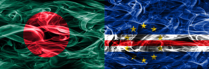 Bangladesh vs Cape Verde smoke flags placed side by side. Thick colored silky smoke flags of Bangladesh and Cape Verde