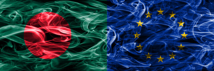 Bangladesh vs European Union smoke flags placed side by side. Thick colored silky smoke flags of Bangladesh and European Union