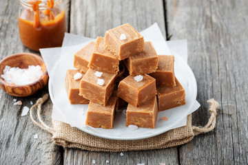 Salted caramel pieces and sea salt. Golden Butterscotch toffee caramels. 
