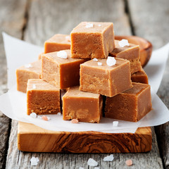 Salted caramel pieces and sea salt. Golden Butterscotch toffee caramels. 