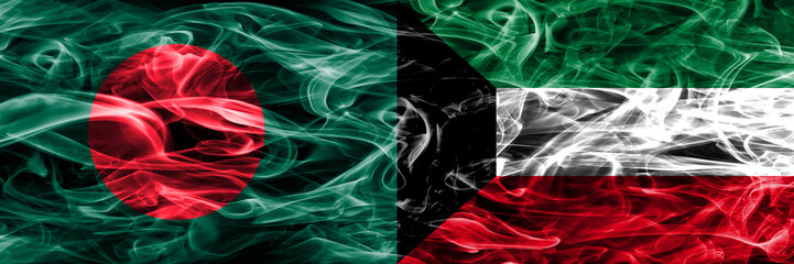 Bangladesh vs Kuwait smoke flags placed side by side. Thick colored silky smoke flags of Bangladesh and Kuwait