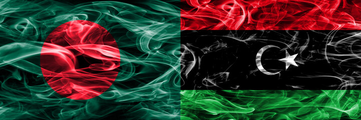 Bangladesh vs Libya smoke flags placed side by side. Thick colored silky smoke flags of Bangladesh and Libya