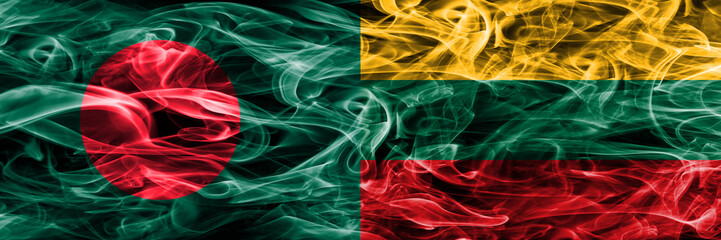 Bangladesh vs Lithuania smoke flags placed side by side. Thick colored silky smoke flags of Bangladesh and Lithuania