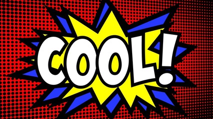 A comic strip cartoon animation, with the word Cool appearing. Green and halftone background, star shape effect.
