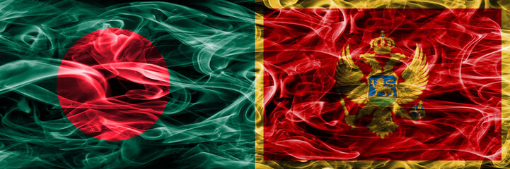 Bangladesh vs Montenegro smoke flags placed side by side. Thick colored silky smoke flags of Bangladesh and Montenegro