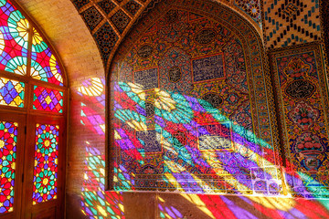 Fototapeta na wymiar Islamic Republic of Iran. Shiraz. Nasir al-Mulk Mosque, the Pink Mosque located in Gawd-i Araban quarter, near Shah Cheragh Mosque. 08 March 2018
